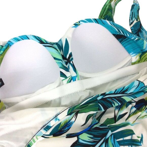 Maxine Of Hollywood Swimsuit Size 14 White Turquoise Ruched Girl Leg Wide Straps - Picture 5 of 5